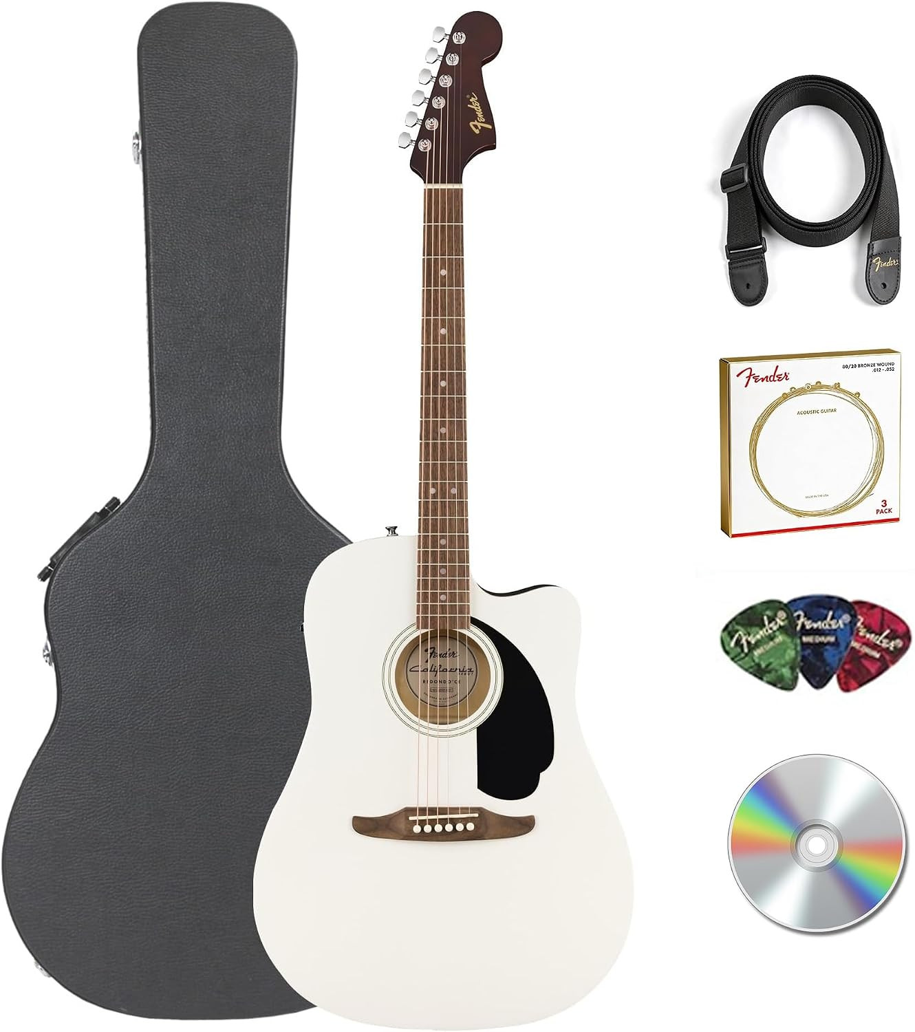 Fender California Redondo CE Acoustic Electric Guitar White Bundle Hard Case
