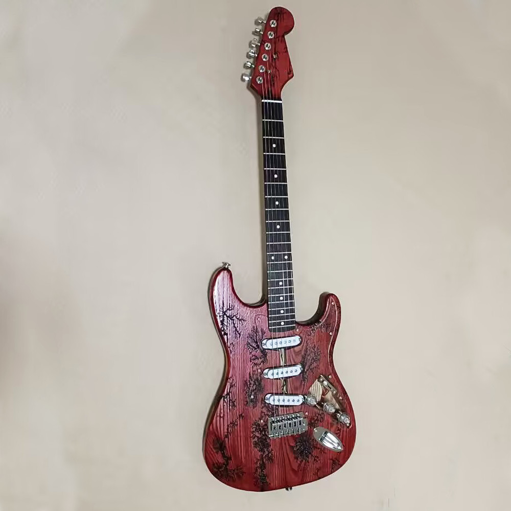 6 String red Ash Lightning Struck Wood Electric Guitar