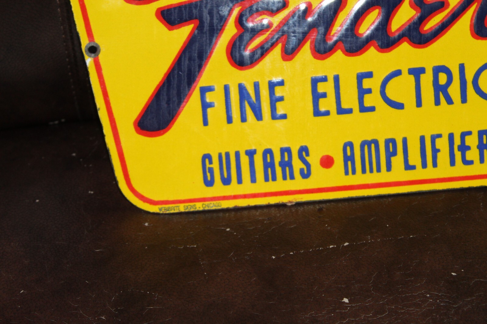 RARE LARGE FENDER GUITAR AUTHORIZED DEALER PORCELAIN METAL SIGN AMP ROCK BEATLES