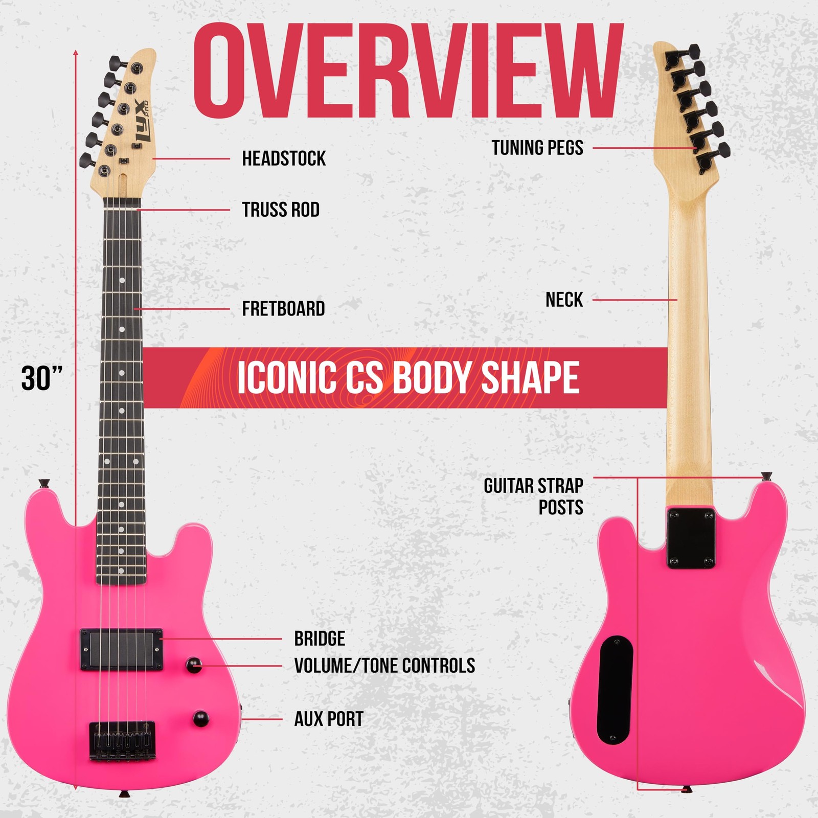 LyxPro CS 30in Electric Guitar Kit Amp Cable 6 Picks Guide Beginner Pink