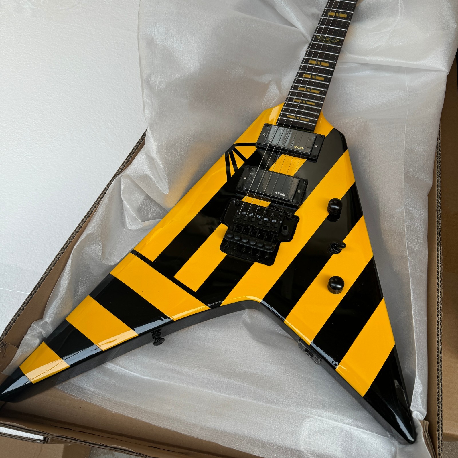 Yellow Irregularly Shaped Electric Guitar with Striped Panel HH Pickup