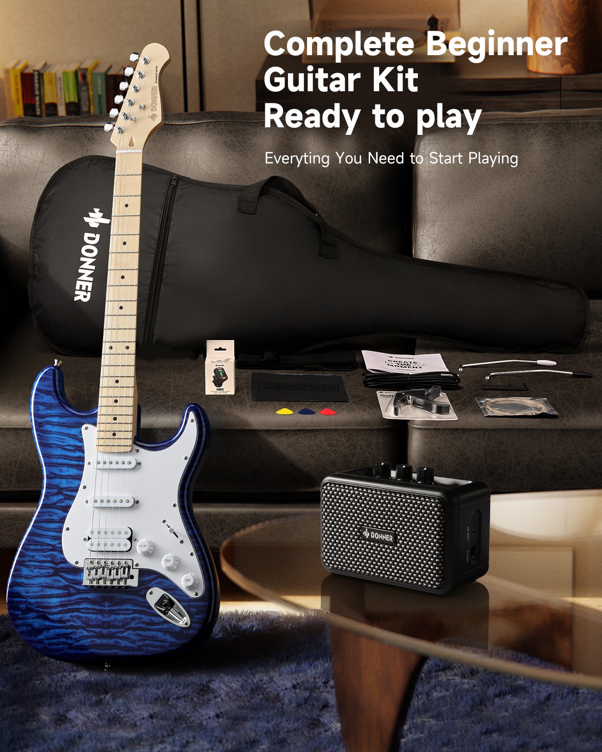Donner DST-95 Electric Guitar Kit With Amp Solid Body Full Size | Indigo Blue