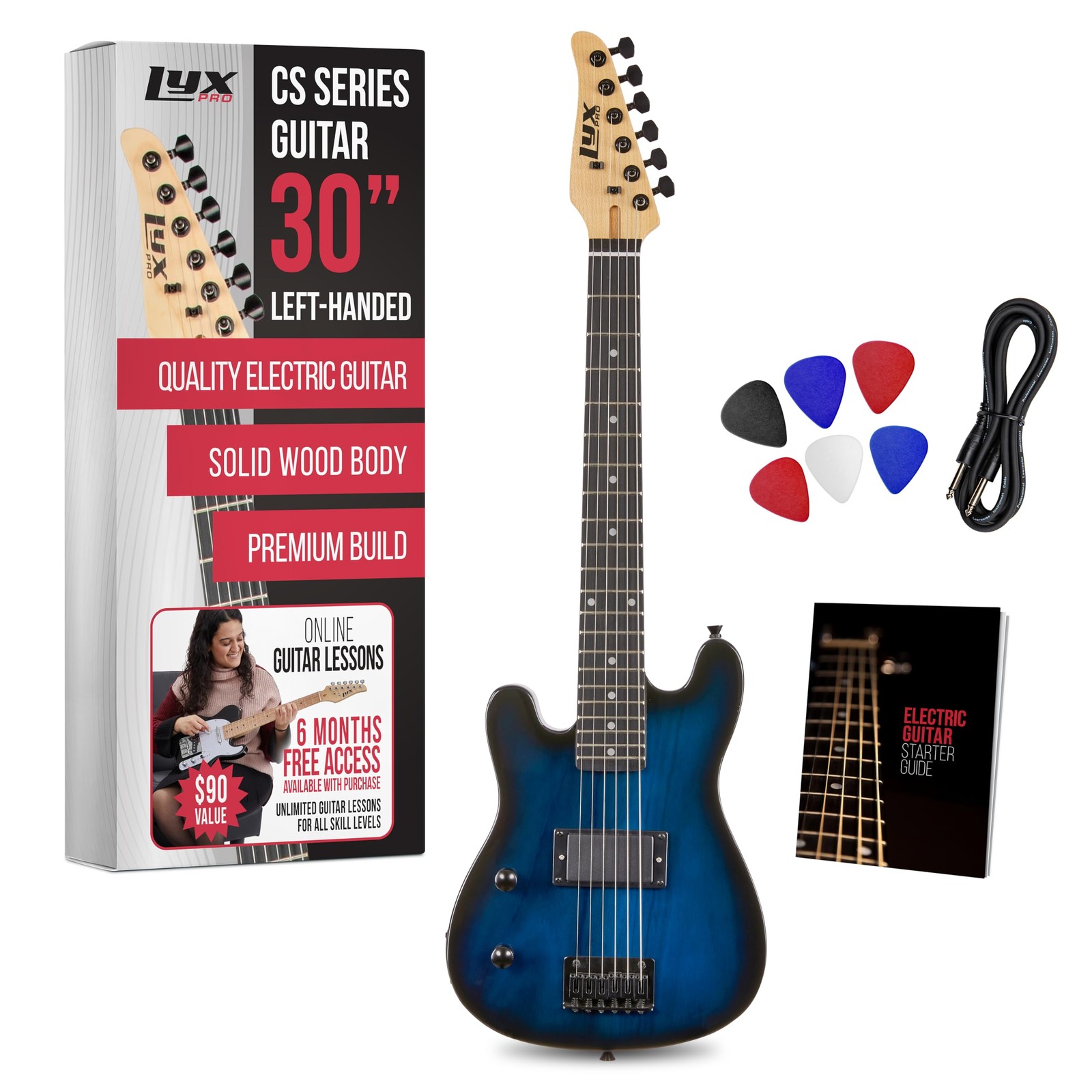 LyxPro CS 30in Left Hand Electric Guitar Kit Amp Cable 6 Picks Guide Blue
