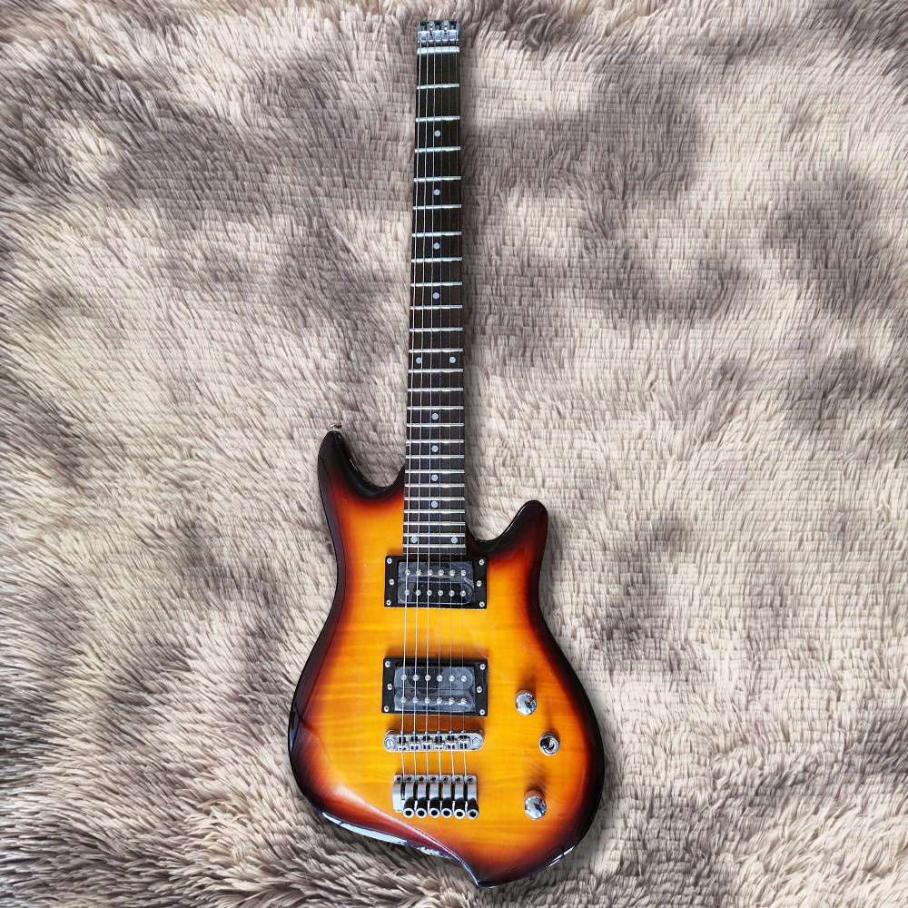 Headless Travel Electric Guitar Tobacco Sunburst Flame Maple Top HH Pickups