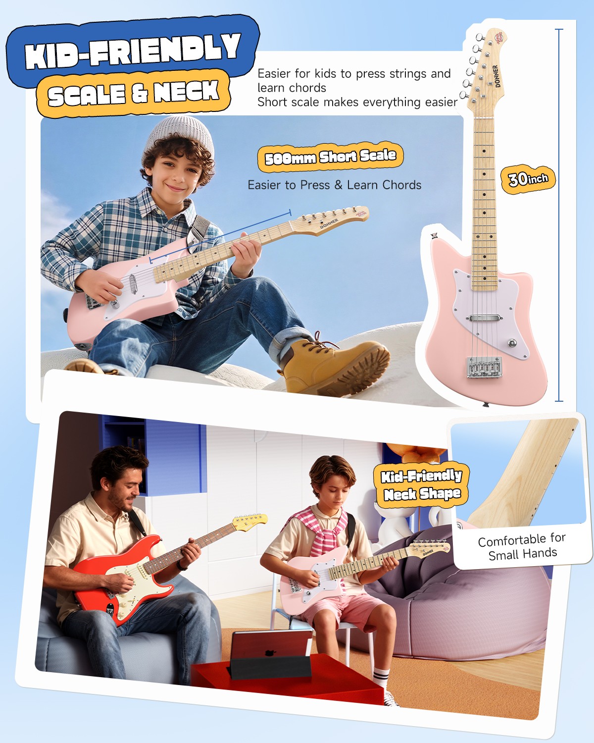 Donner DJM-100 30″ Kids Electric Guitar Kit – Short Scale Guitar for Children