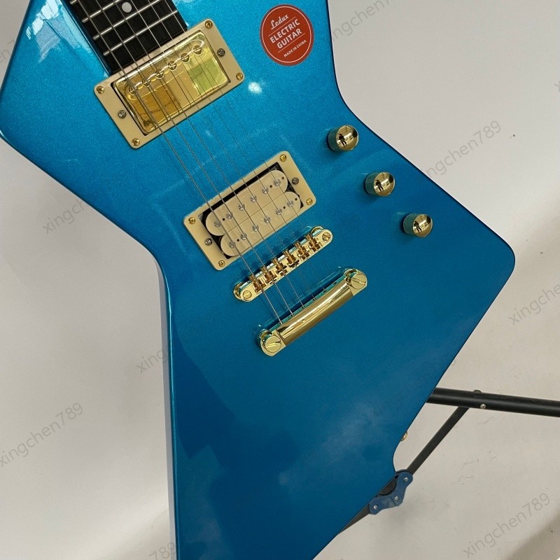 High Quality Solid Electric Gloss Blue Guitar Rounded Fret Edge Gold Hardware