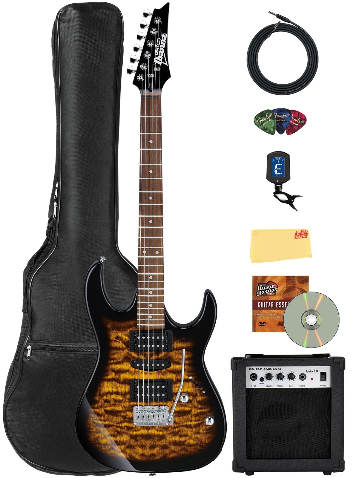 Ibanez GRX70QA RG Gio Electric Guitar – Sunburst w/ Amplifier