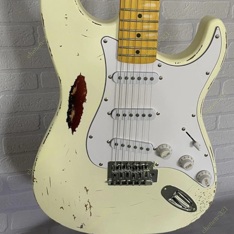 Solid Electric Guitar Stainless Fret Tremolo Bridge Maple Fretboard Aged Cream
