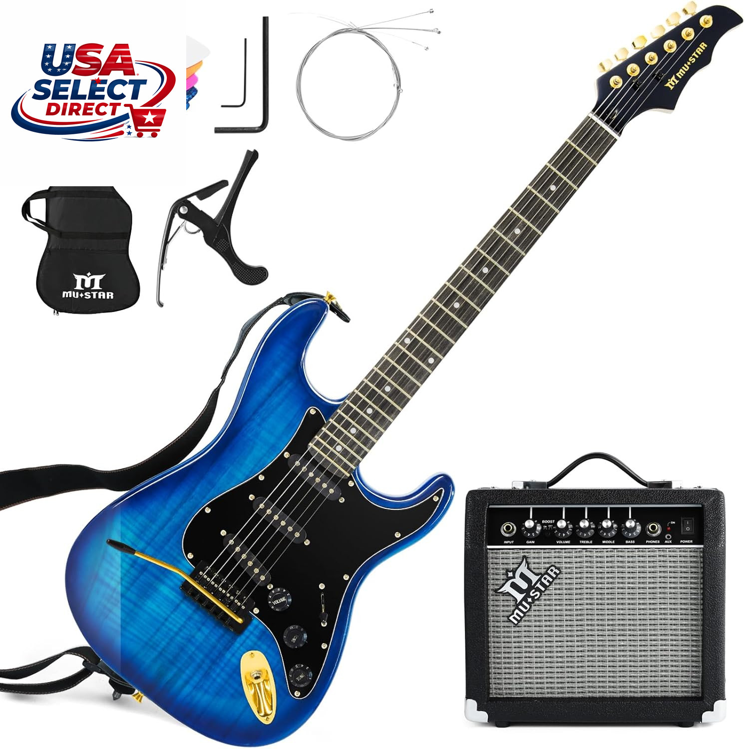 Electric Guitar Kit with 25W Amplifier, Gig Bag, Capo, Strap, Picks