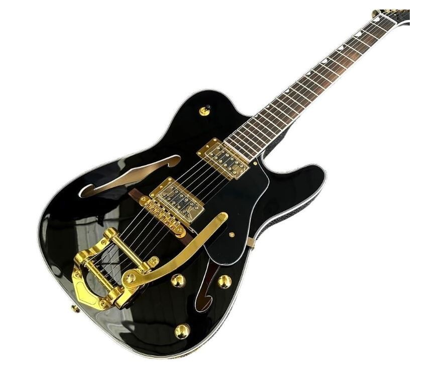 Custom Black TELE Electric Guitar with F-hole and Gold Vibrato System