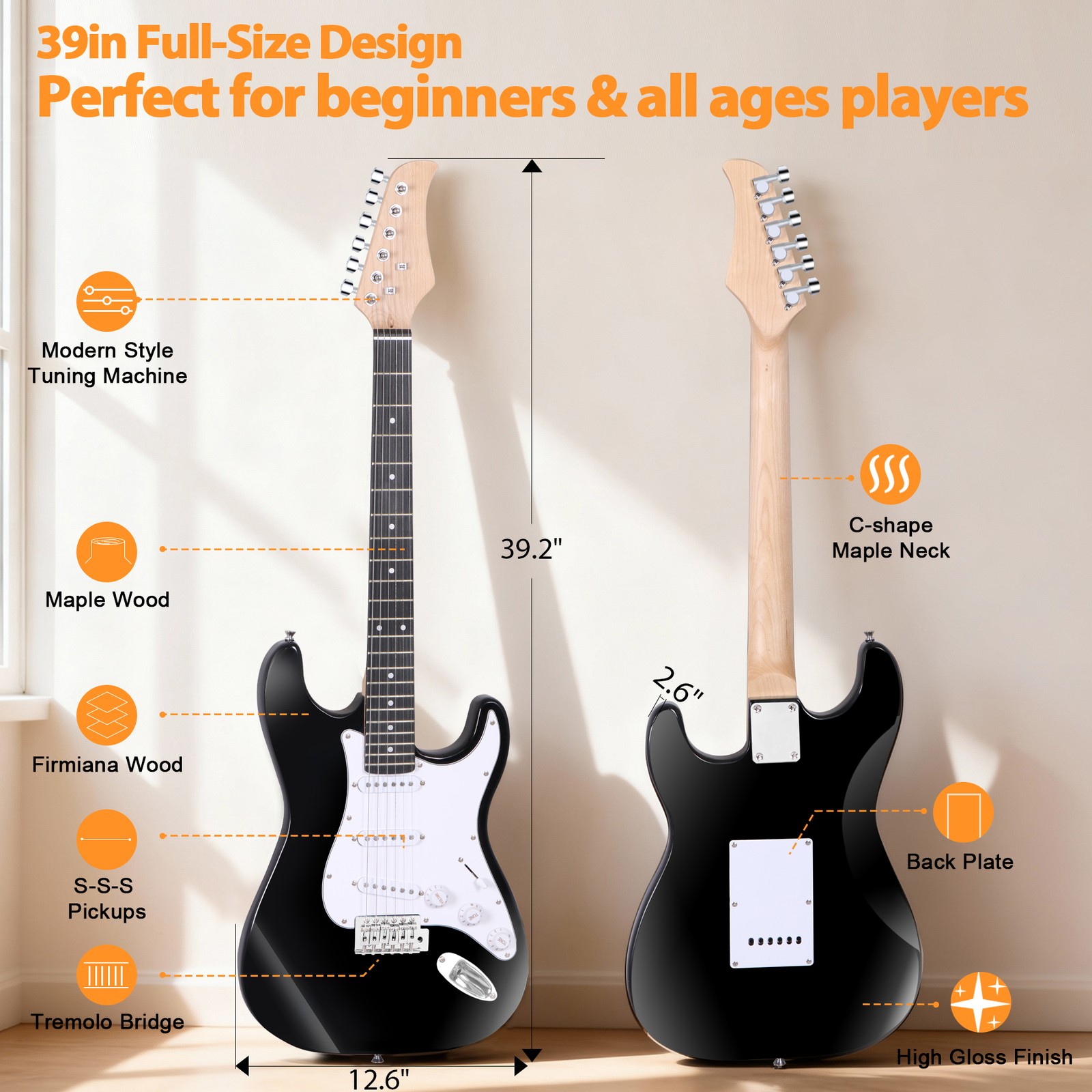 39″ Full Size Electric Guitar w/10W Amp Case and Accessories Pack for Beginner