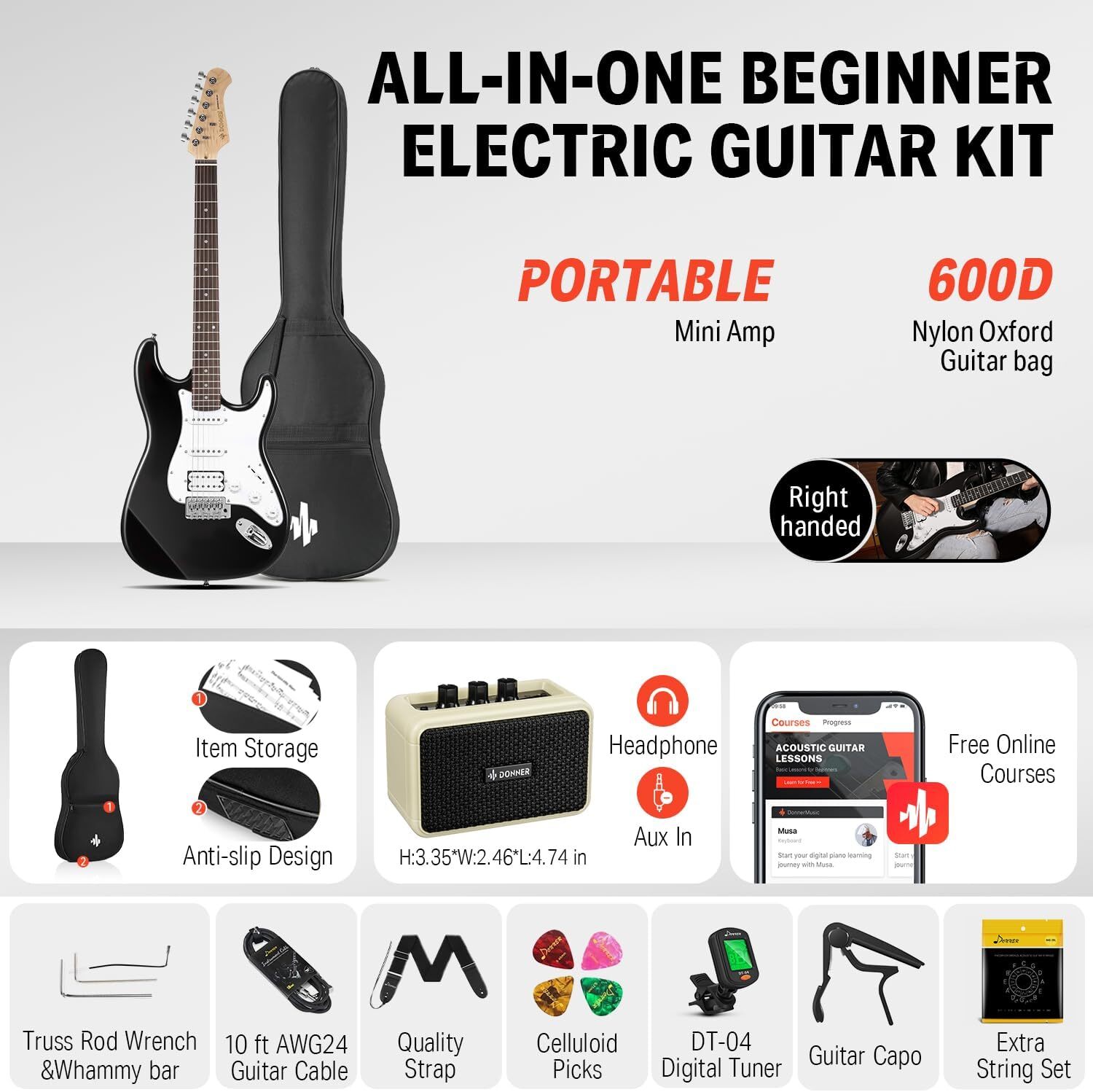 🎸 Donner DST-100 Electric Guitar With Amplifier Gig Bag & Accessories Black
