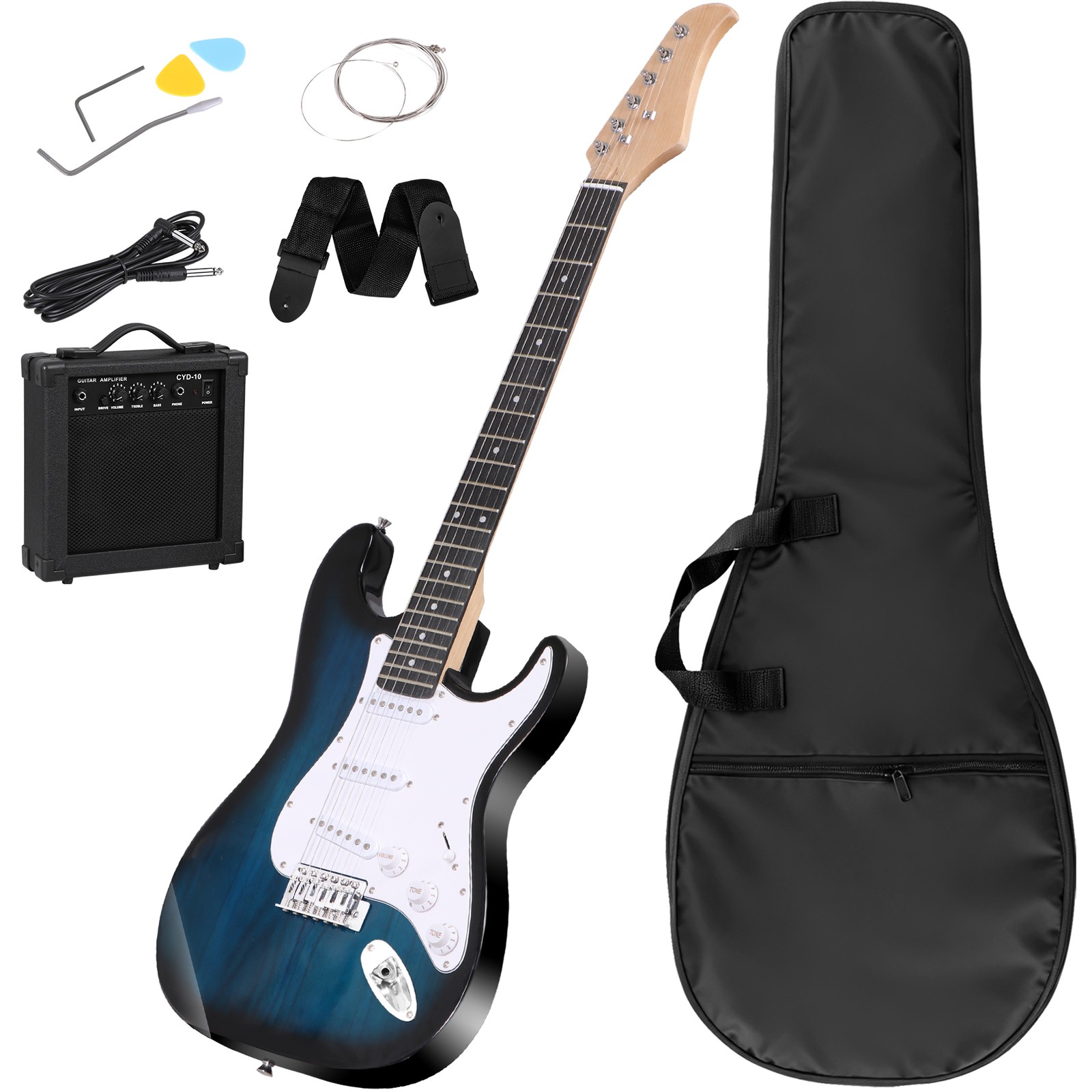 39″ Blue Full Size Electric Guitar with Amp, Case Accessories Pack for Beginners
