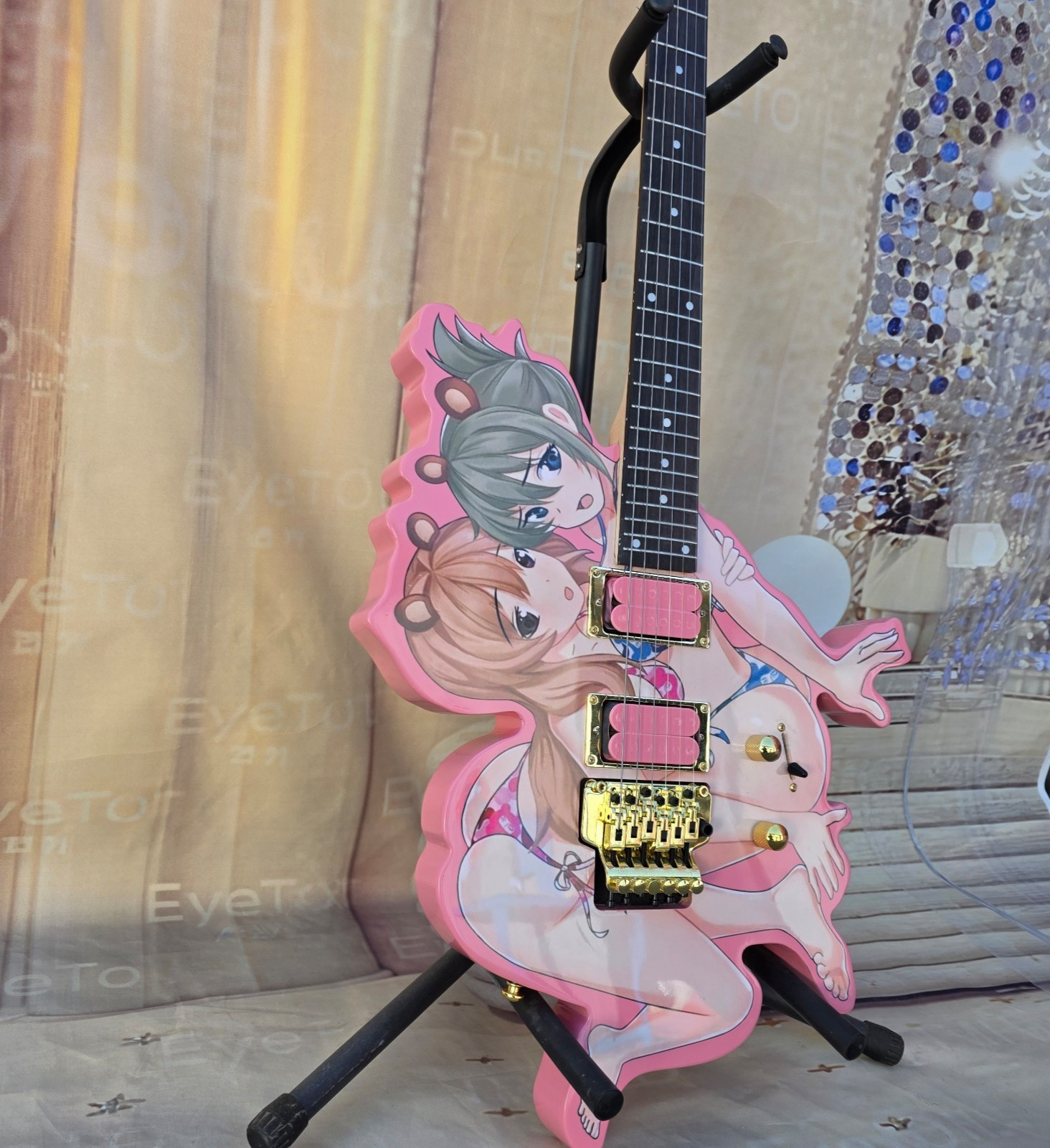 Hot Pick Pink Anime Custom Electric Guitar Unique Human Figure Shape 24frets