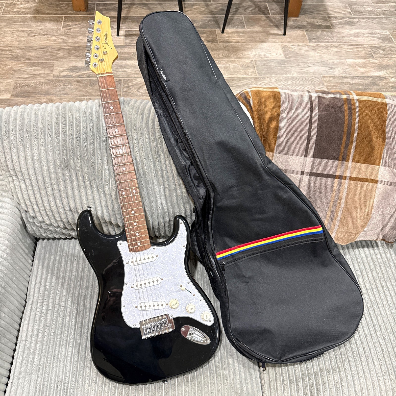 Johnson JS-800 Strat Electric Guitar Black Pearloid Guard w/ EMG Designed Pickup