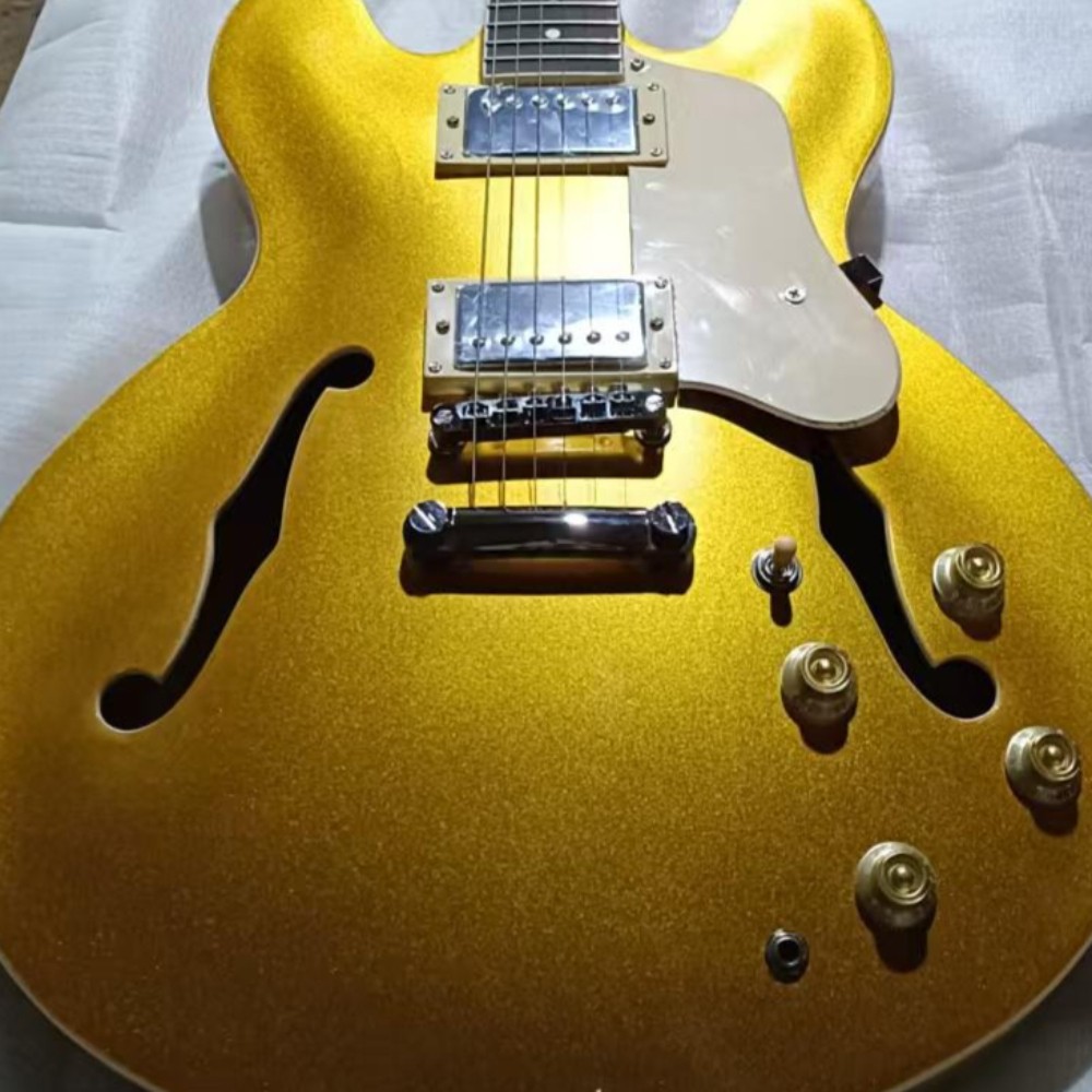 335-style Semi-Hollow Metallic Gold Jazz Electric Guitar Fixed Bridge Ship US