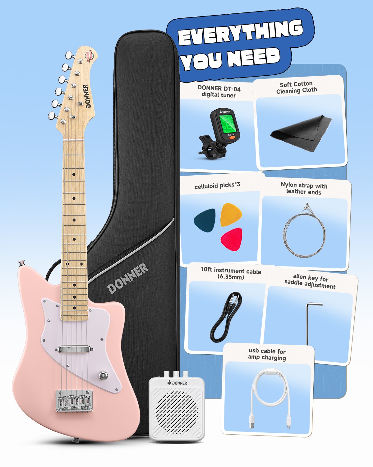 Donner DJM-100 30″ Kids Electric Guitar Kit – Short Scale Guitar for Children