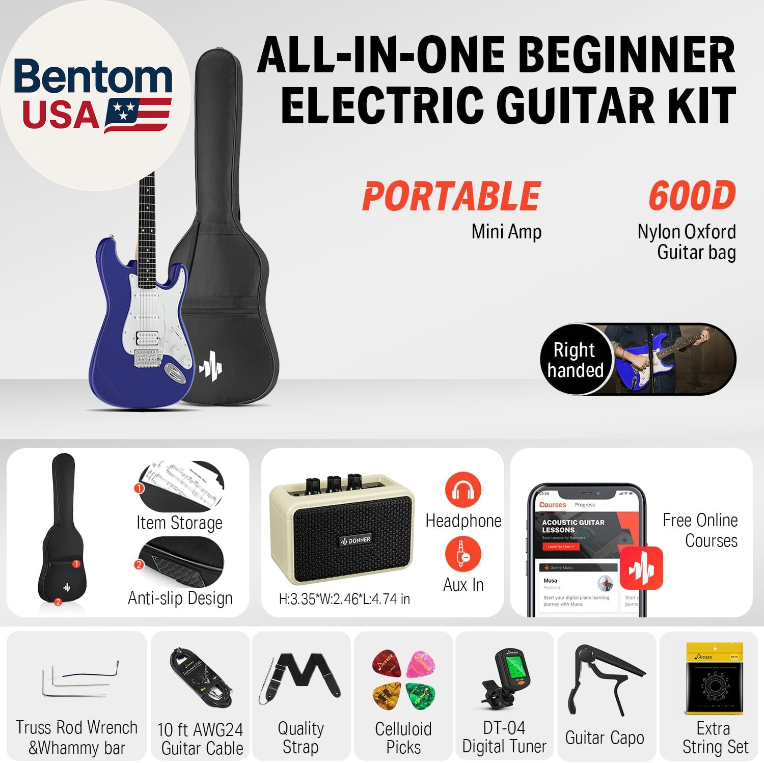 39-Inch Electric Guitar Kit – Purple Sapphire Blue HSS Pickup, Amplifier, Lesson