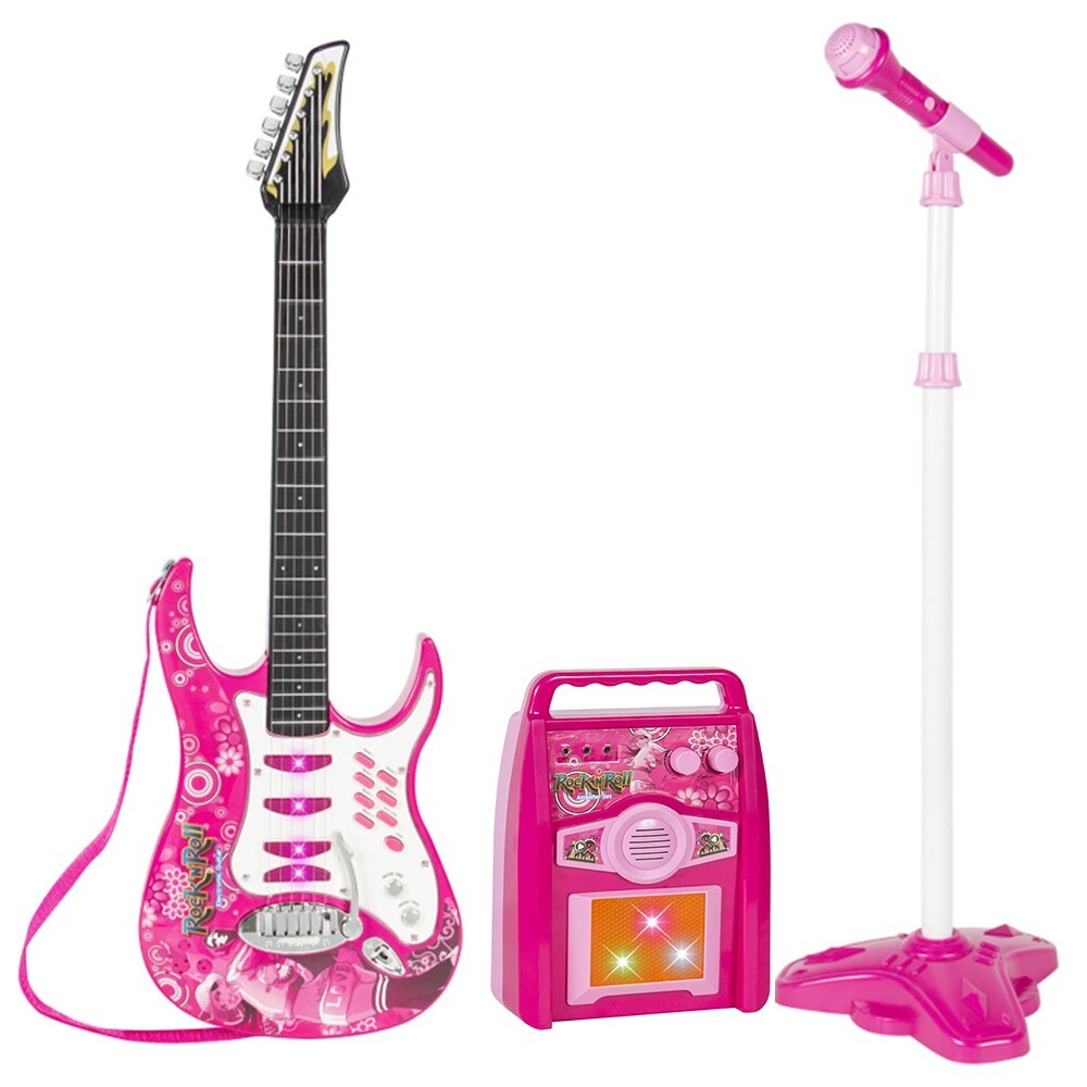 Kids Pink Karaoke Electric Guitar Set MP3 Player Learning Toys Microphone, Amp