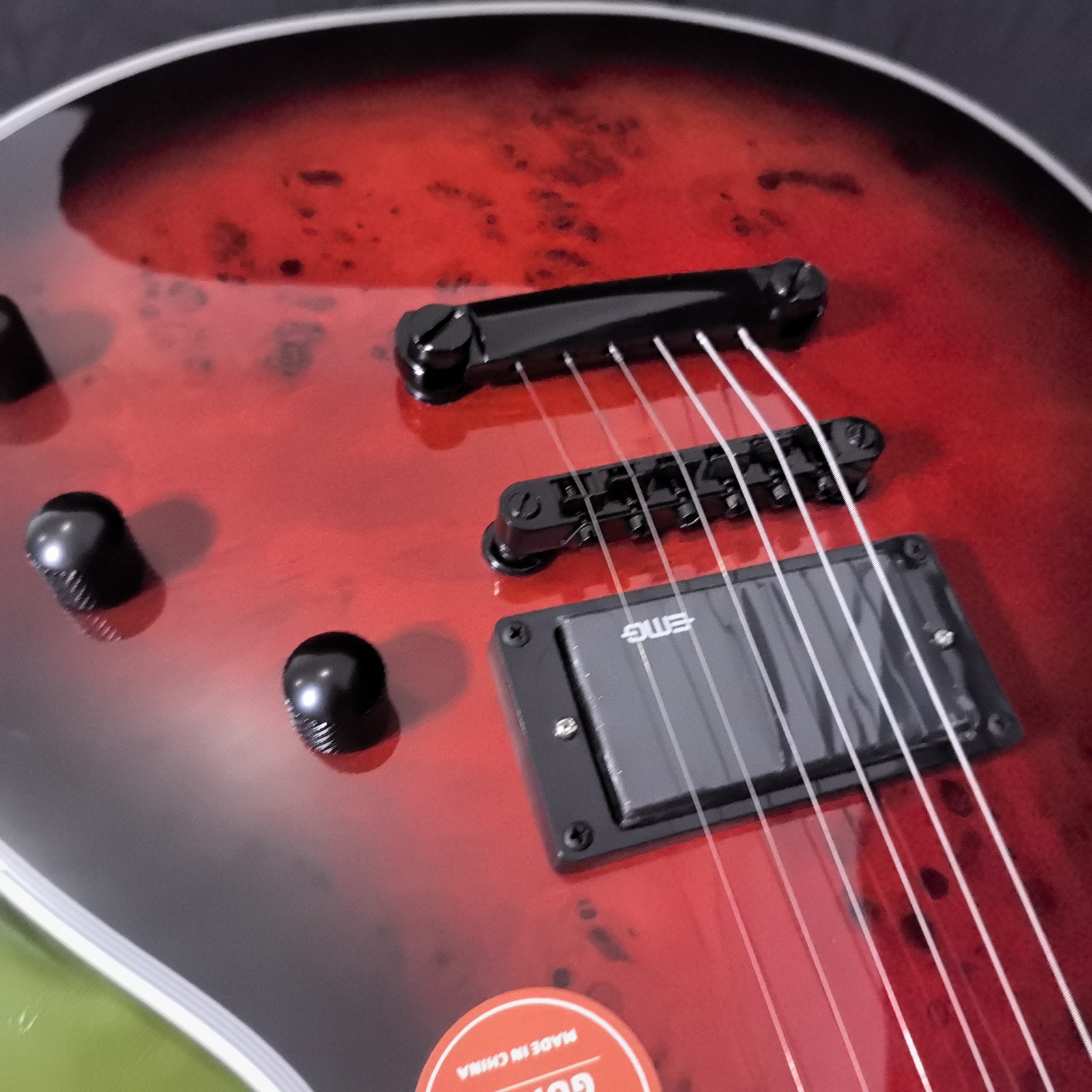 Cutaway Electric Guitar Red Black Burst Burl Dual Humbucker Stainless Frets