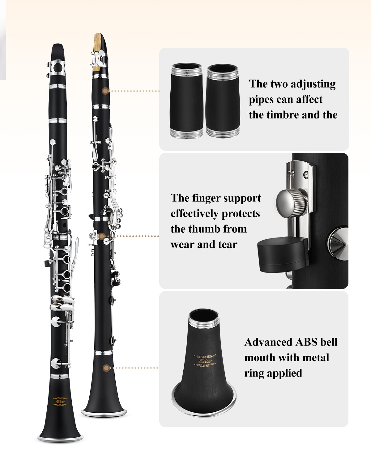 Eastar ECL-300 Student Bb Clarinet Ebonite Instrument 2 Barrels Hard Case Kit