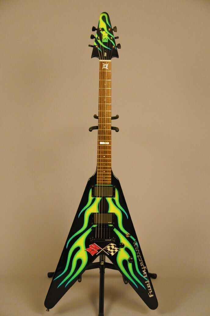 Metallic Hot sale Rod Flying V Green Flames Electric Guitar Star Inlay Custom