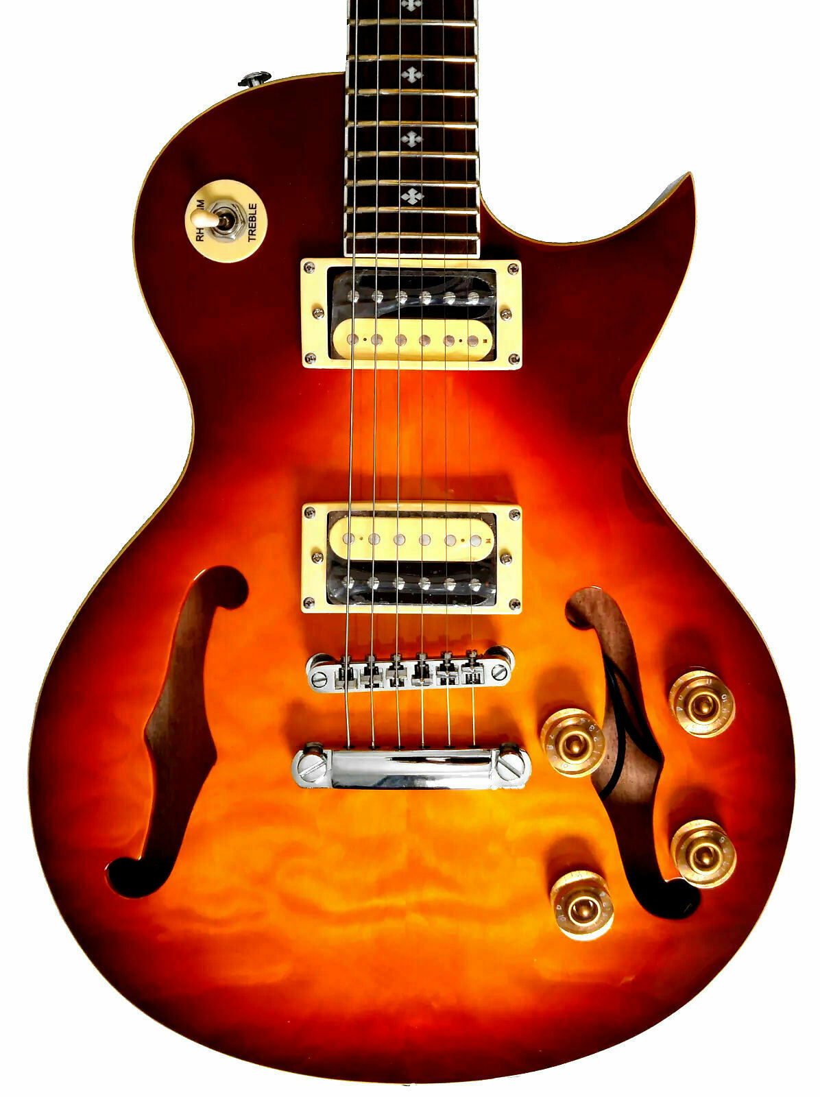 Fishbone Blues Man F35-LP-FH Spalted Maple Tobacco F Holes Semi Hollow-body