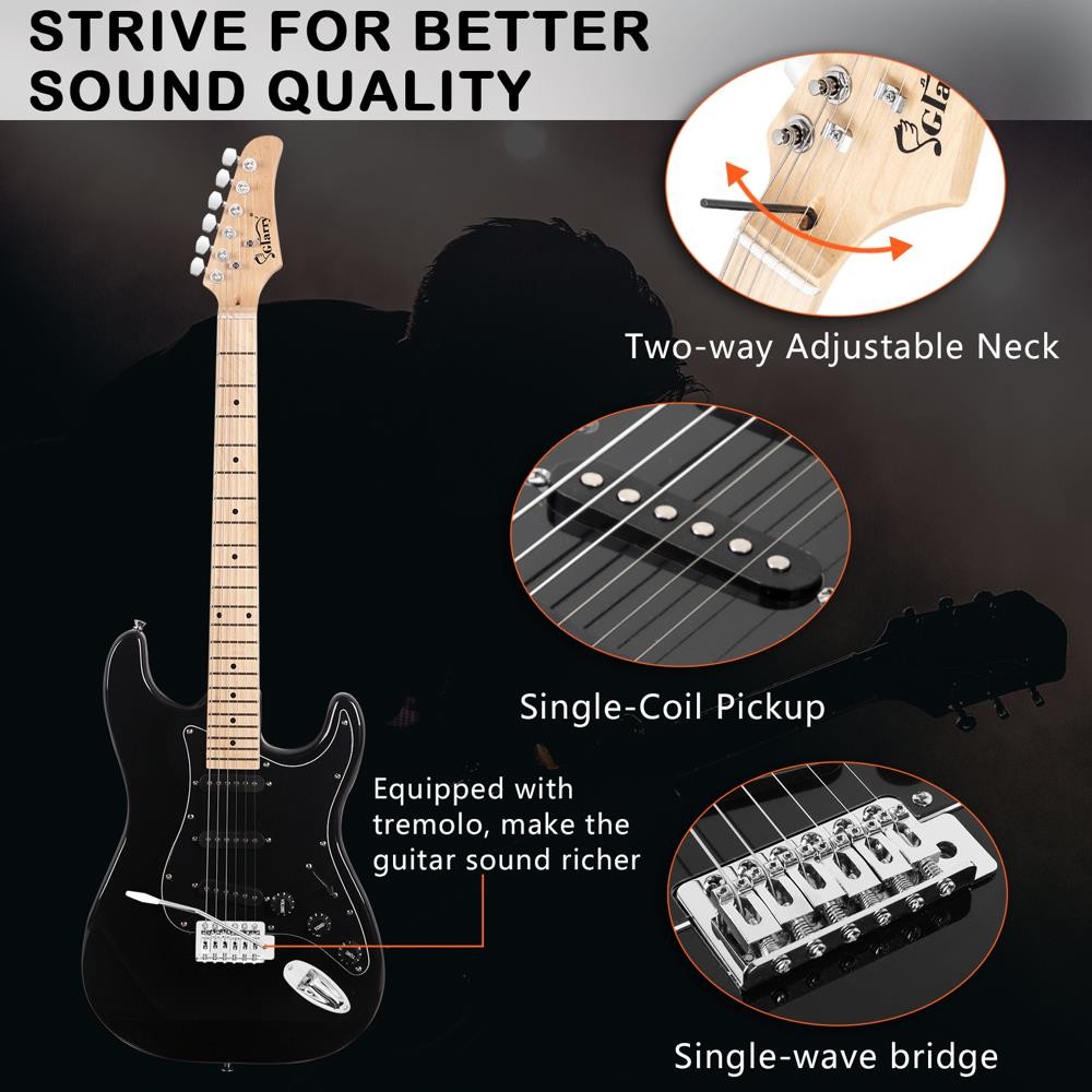 Glarry 39″ Full Size GST Electric Guitar with Amp Case & Accessories Black