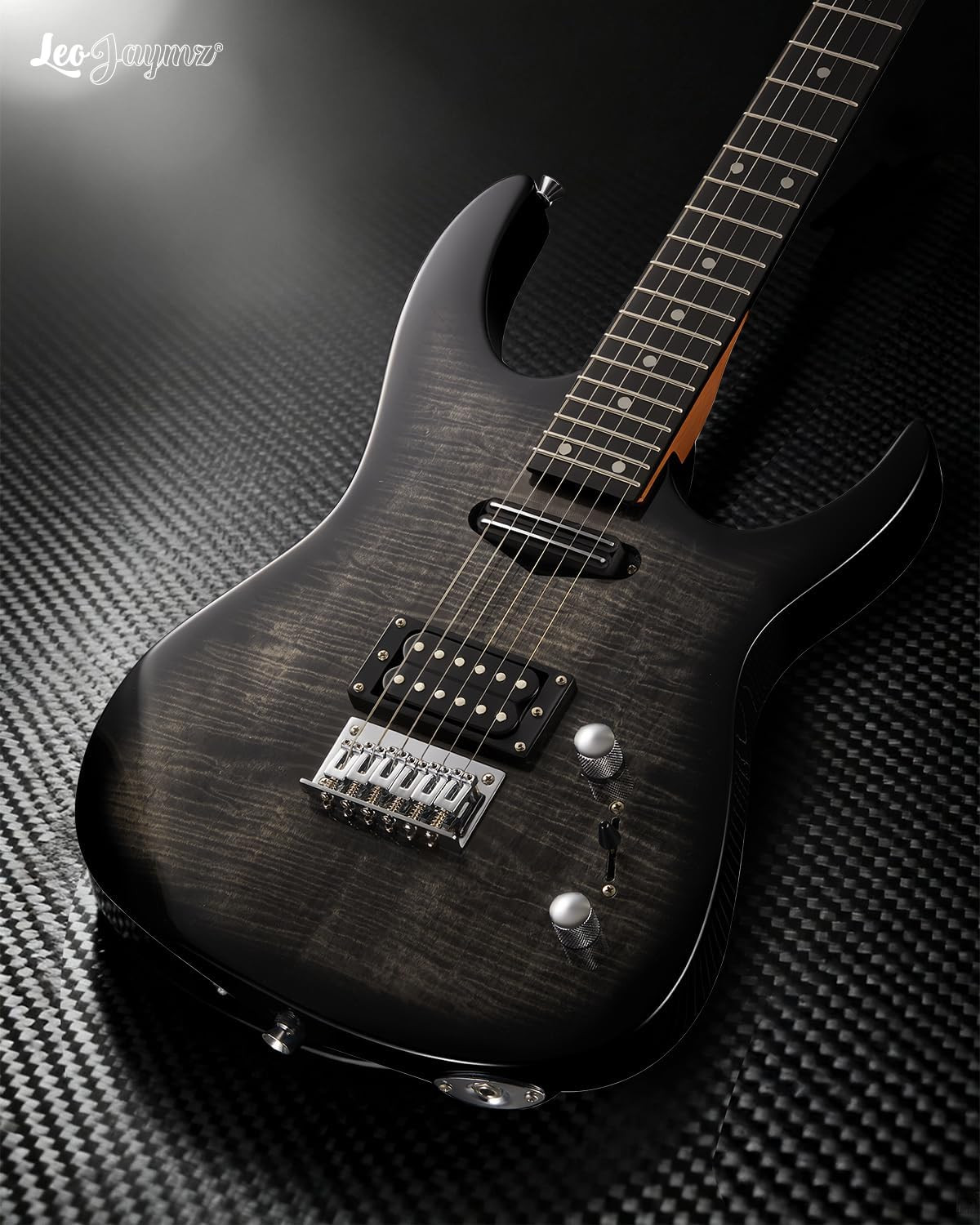 Leo Jaymz Thunderstorm ST Electric Guitar Black Flame 24 Frets Fixed Bridge