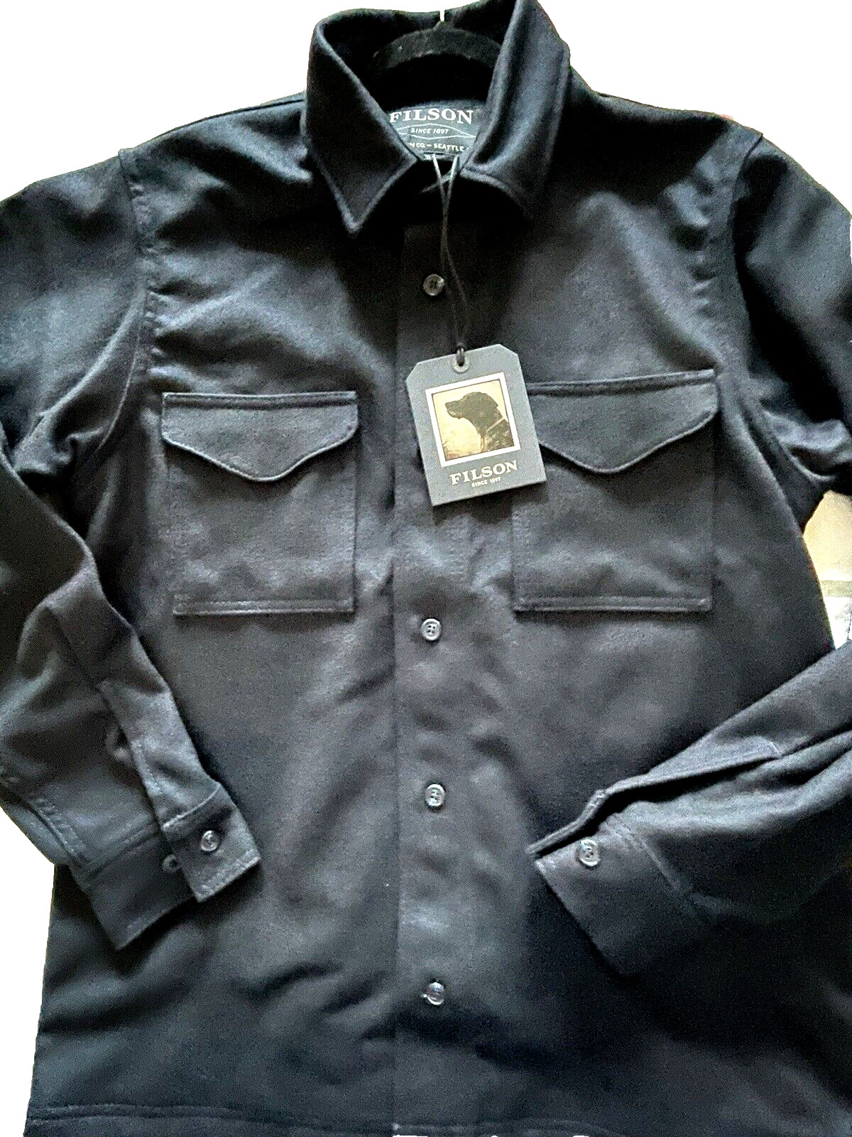 $395 NWT FILSON Navy Blue M -L Premium Wool Jac Shirt w/ XL sleeves Made in USA