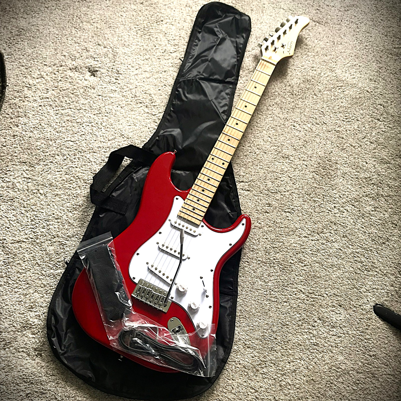 Red Full-Size Strat Style Electric Guitar Package with Maple Neck Gig Bag & More