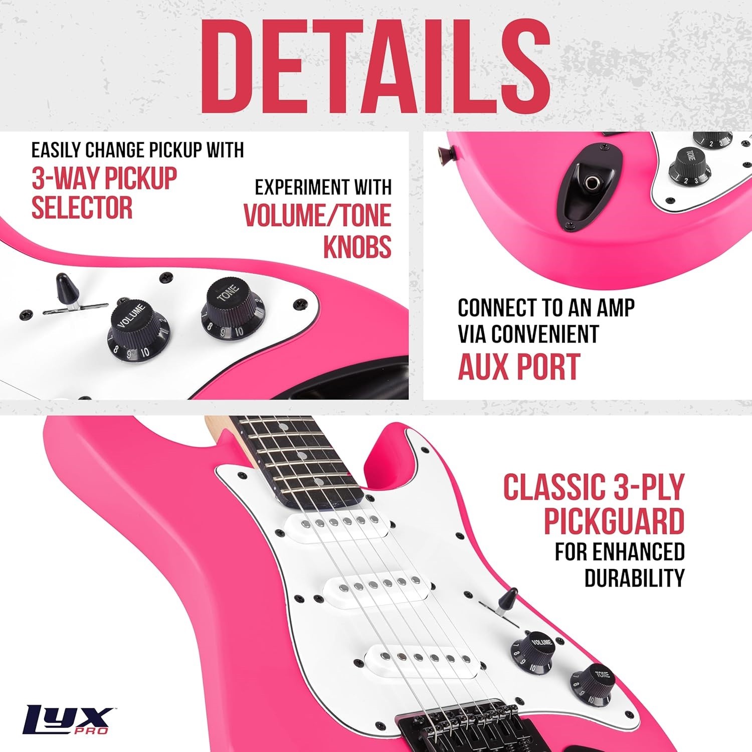 LyxPro CS 36in Electric Guitar Kit Amp Cable 6 Picks Guide Beginner Pink