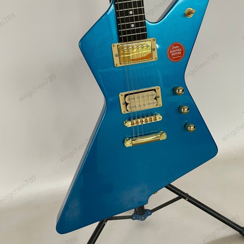 High Quality Solid Electric Gloss Blue Guitar Rounded Fret Edge Gold Hardware