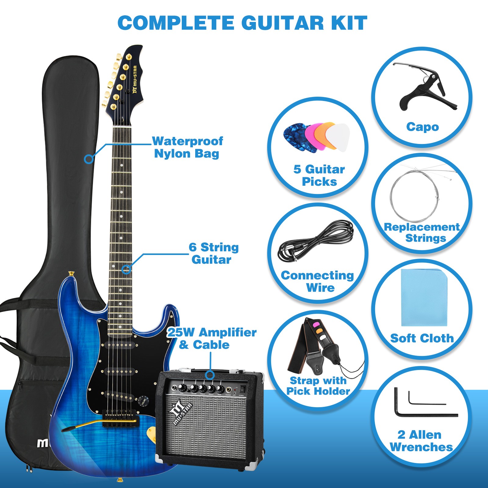 MUSTAR Blue 39″ Electric Guitar 6 String for Beginner with 25W AMP+Bag Pack Kits