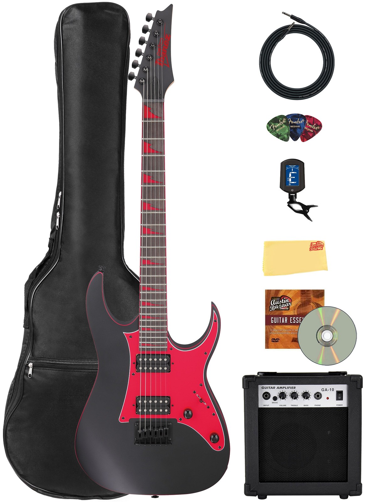 Ibanez GRG131DX RG Gio Electric Guitar – Black Flat w/ Amplifier