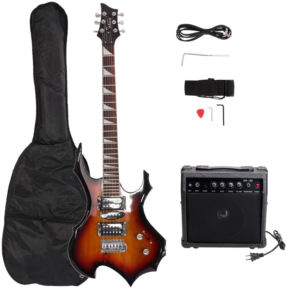 Glarry Flame Shape Electric Guitar with AMP Sound HSH Pickups Novice Guitar