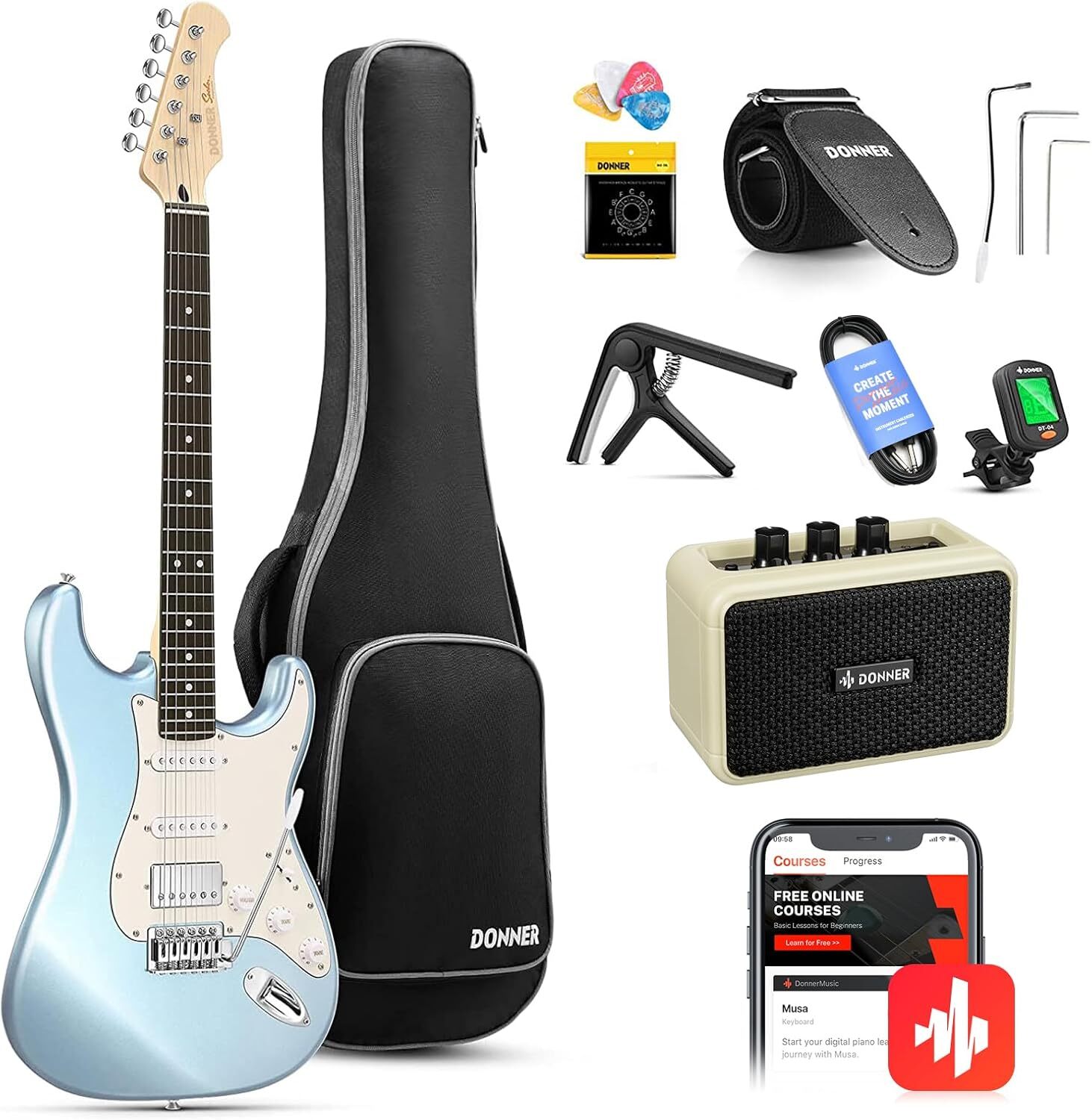 Donner DST-152R Electric Guitar HSS Coil Split Ice Blue Metallic Starter Kit