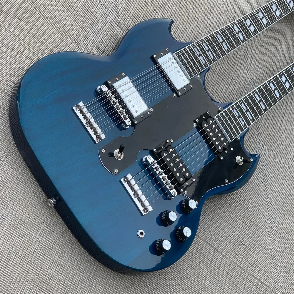 Blue 12 & 6 Strings Slash Double Neck Electric Guitar Split Parallelogram Inlay
