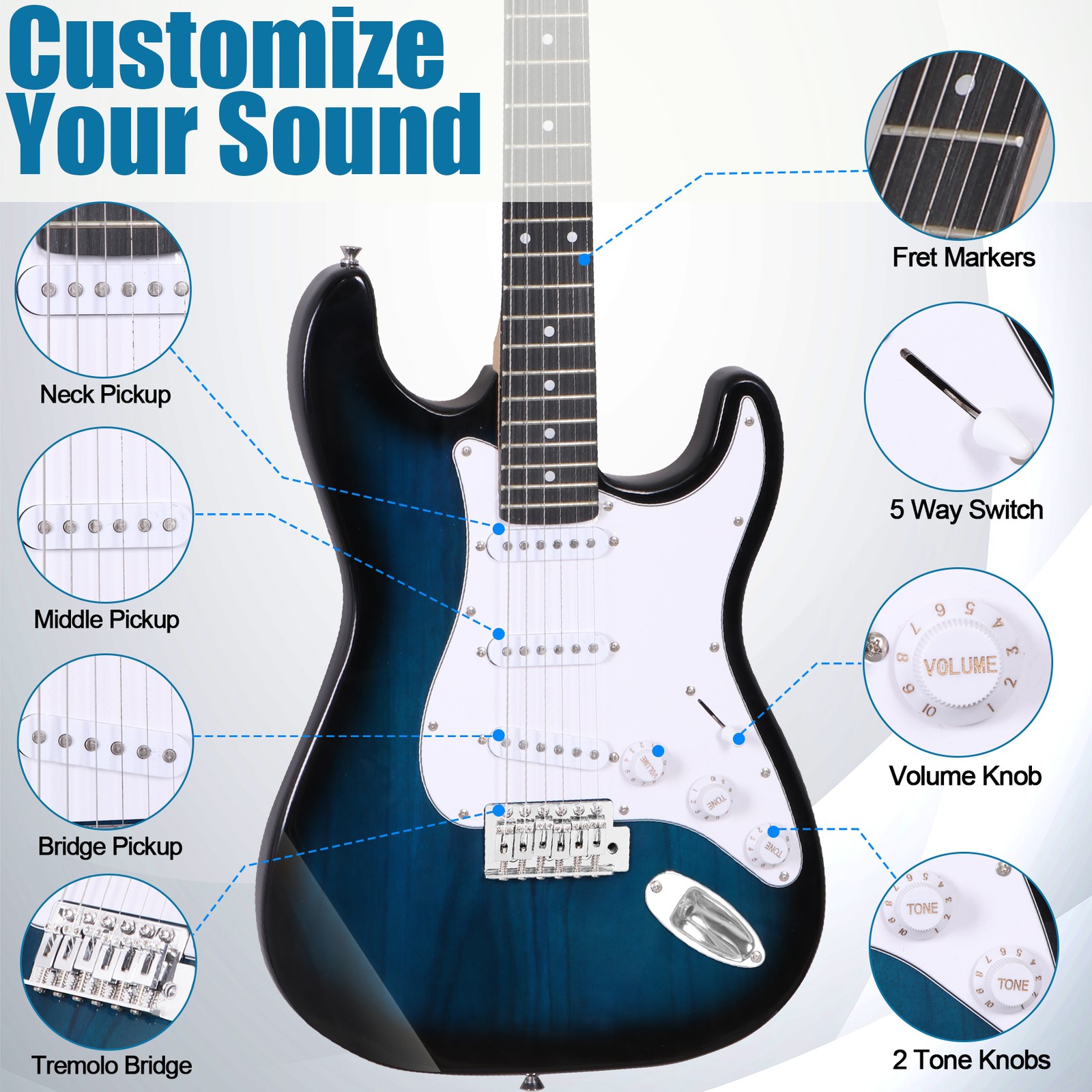 39″ Blue Full Size Electric Guitar with Amp, Case Accessories Pack for Beginners
