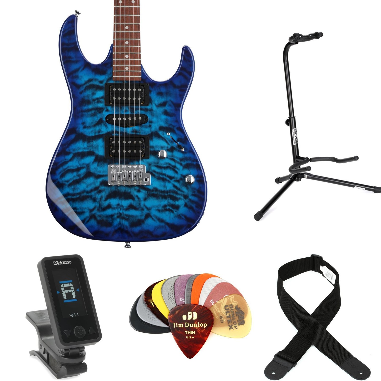 Ibanez Gio GRX70QA Electric Guitar Essentials Bundle – Transparent Blue Burst
