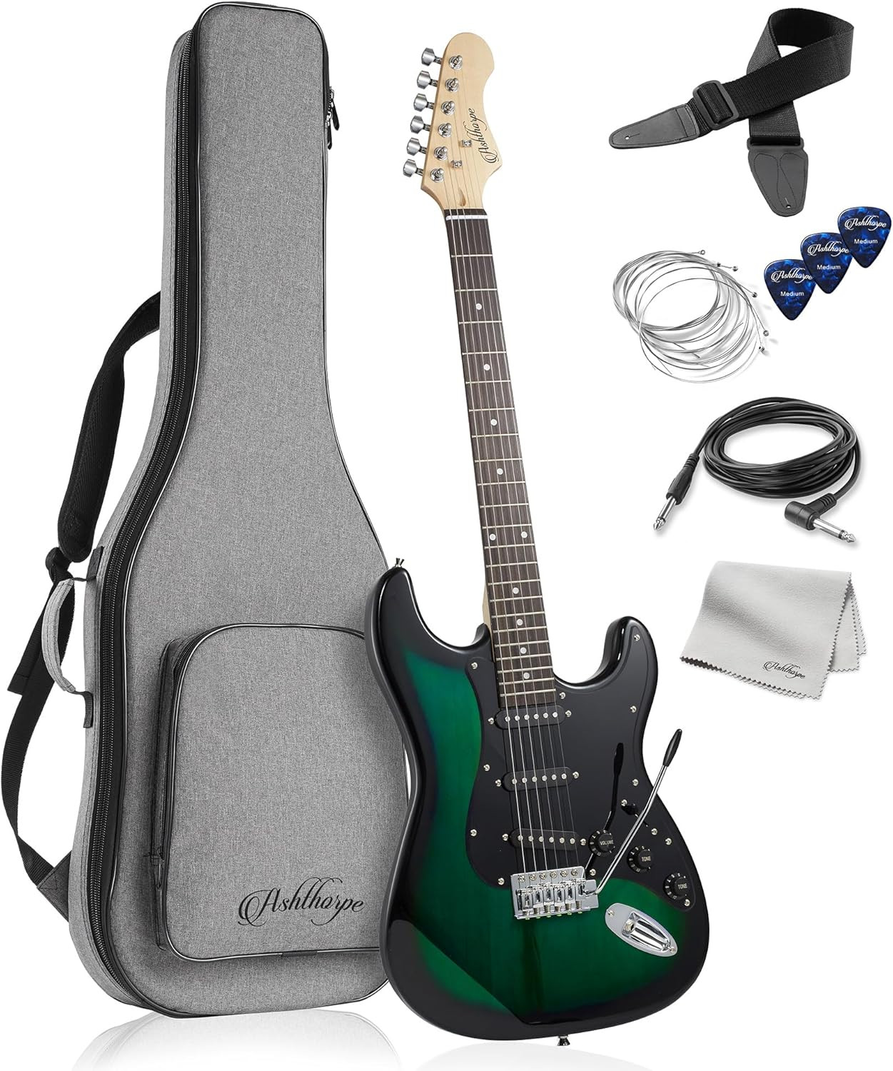 39-Inch Electric Guitar (Green-Black), Full-Size Guitar Kit with Padded Gig Bag,