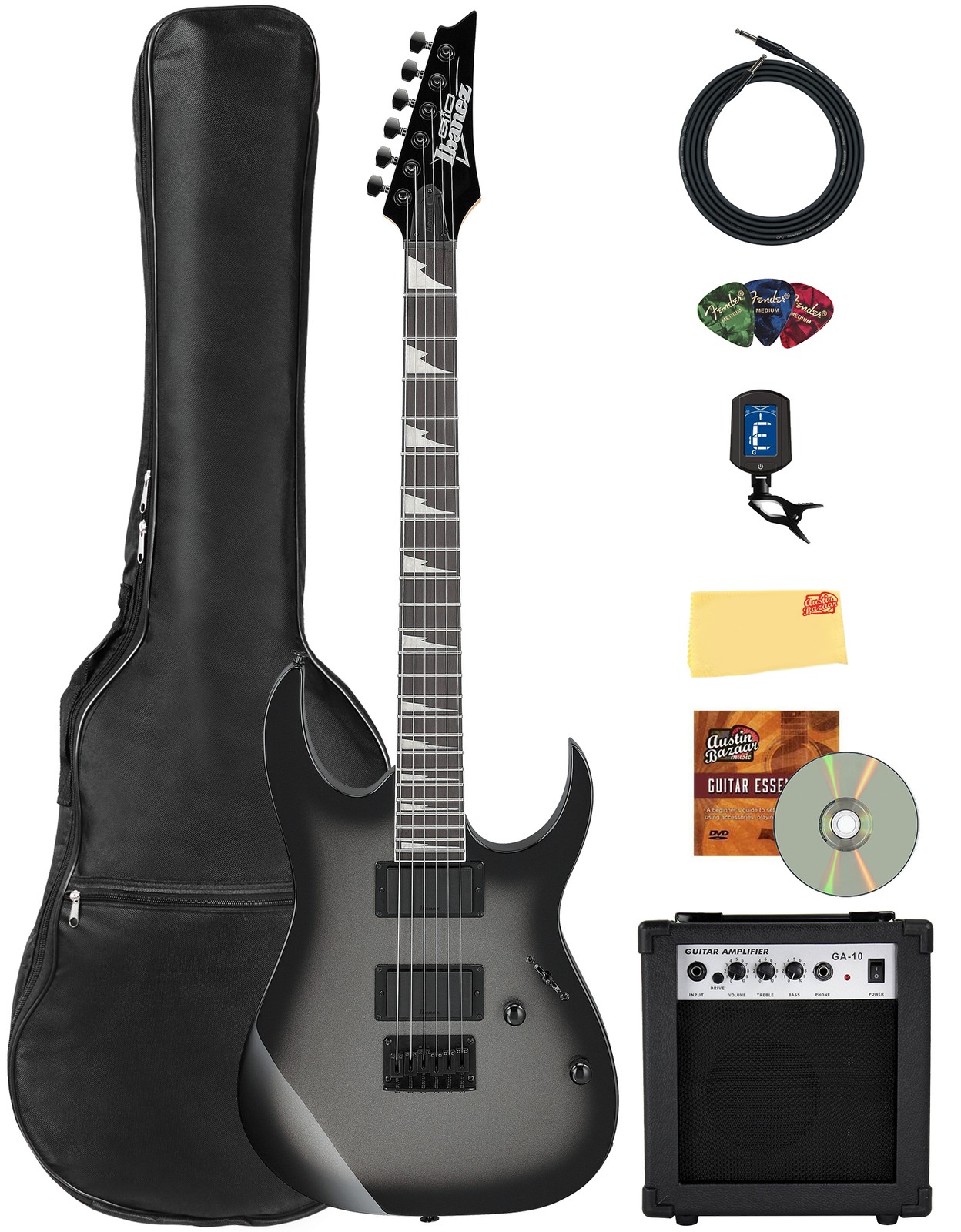 Ibanez GRG121DX RG Gio Electric Guitar – Metallic Gray Sunburst w/ Amplifier