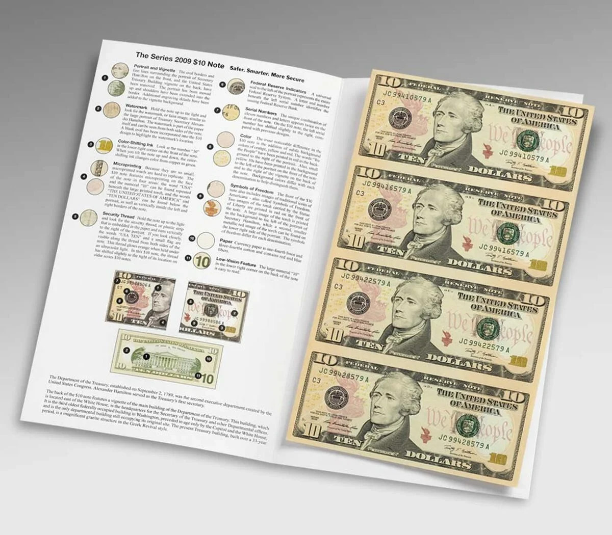 Sheet of 4 uncut $10 Dollar Bills brand new includes the protective cover #951.