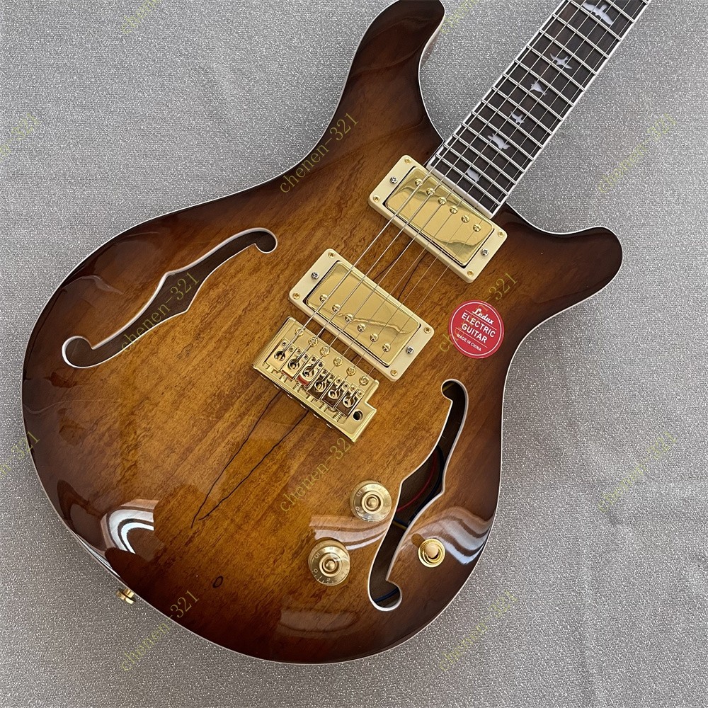 Semi-Hollow Electric Guitar Spalted Maple Top Bird Inlay Bone Nut Tobacco Burst