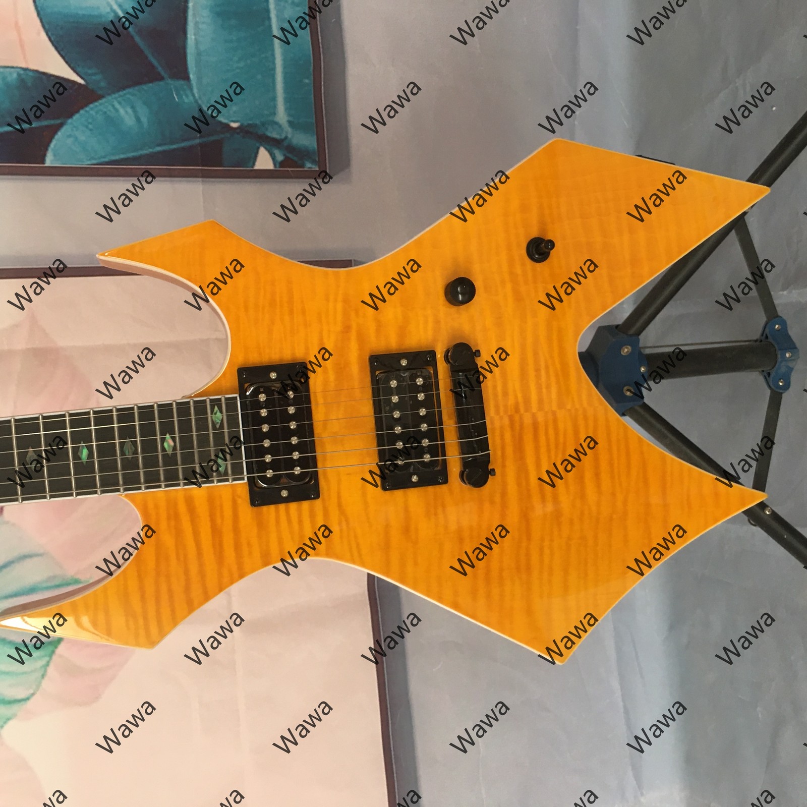 Amber Flamed Maple Finish Electric Guitar Abalone Inlay Dual Humbuckers