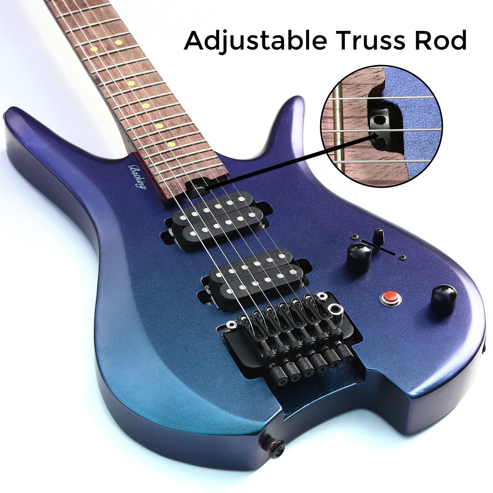 Batking Electric Travel Headless Guitar 6 String Double Locking Tremolo W/Gigbag