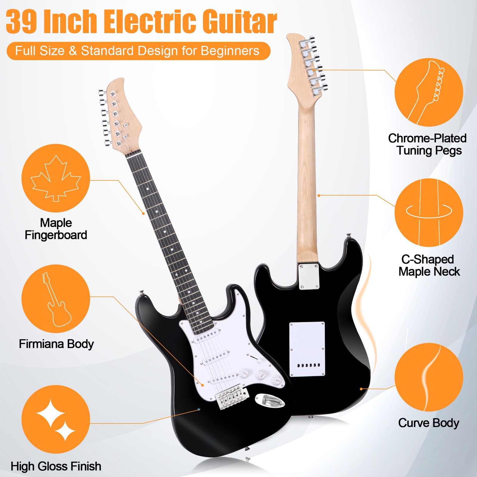 39″ Full Size Electric Guitar w/10W Amp Case and Accessories Pack for Beginner