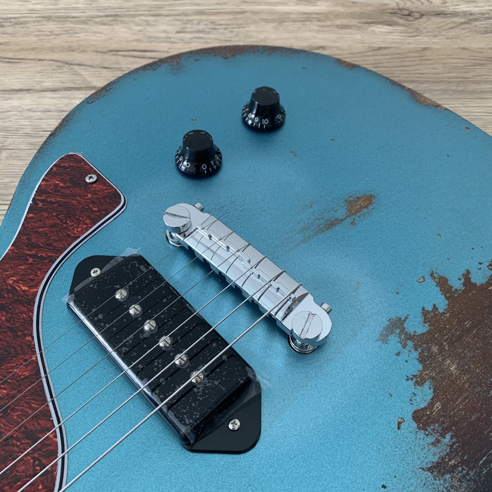 Blue Flat top Electric Guitar aged Mahogany Body&Neck Chrome part P90 pickups