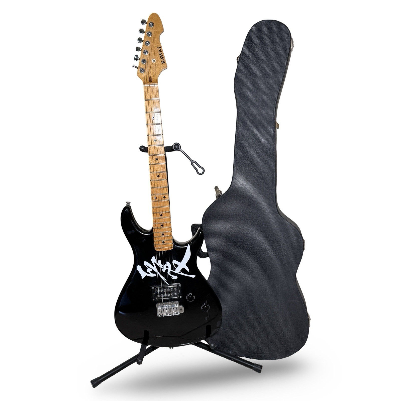 Vintage 1980s Kawai Aquarius AQ-305 MIJ Electric Guitar Black w/ Hard Case