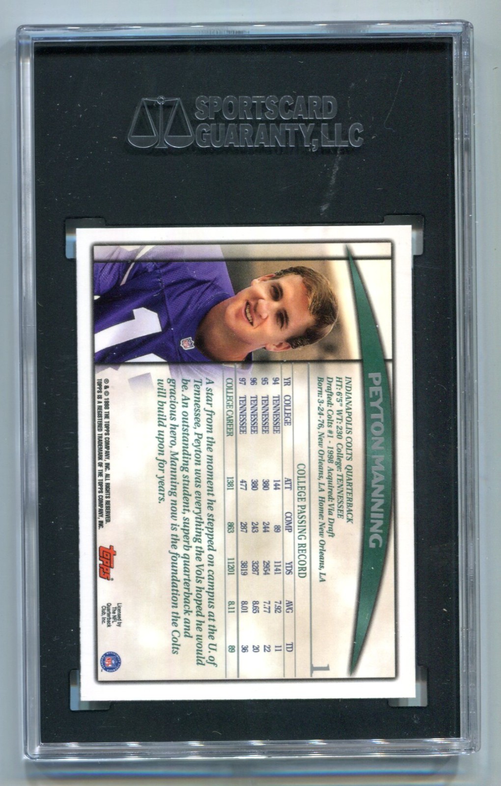 1998 Topps Season Opener Peyton Manning RC #1 SGC 10 GEM MINT HOF 💎